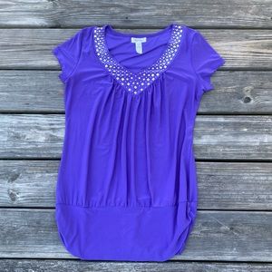Casual Land Purple blouse silver tone accents around v neck